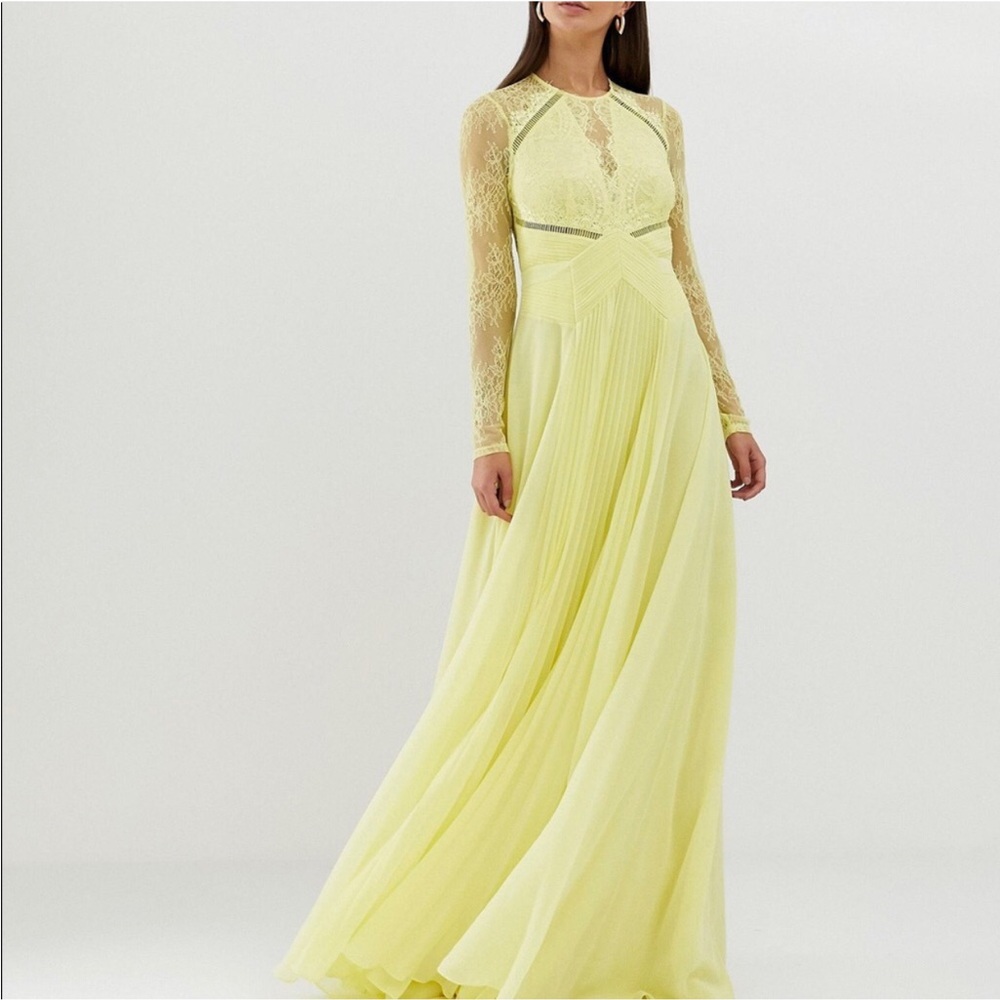 ASOS Long Sleeve Lace Chiffon Maxi Dress Yellow Size 4